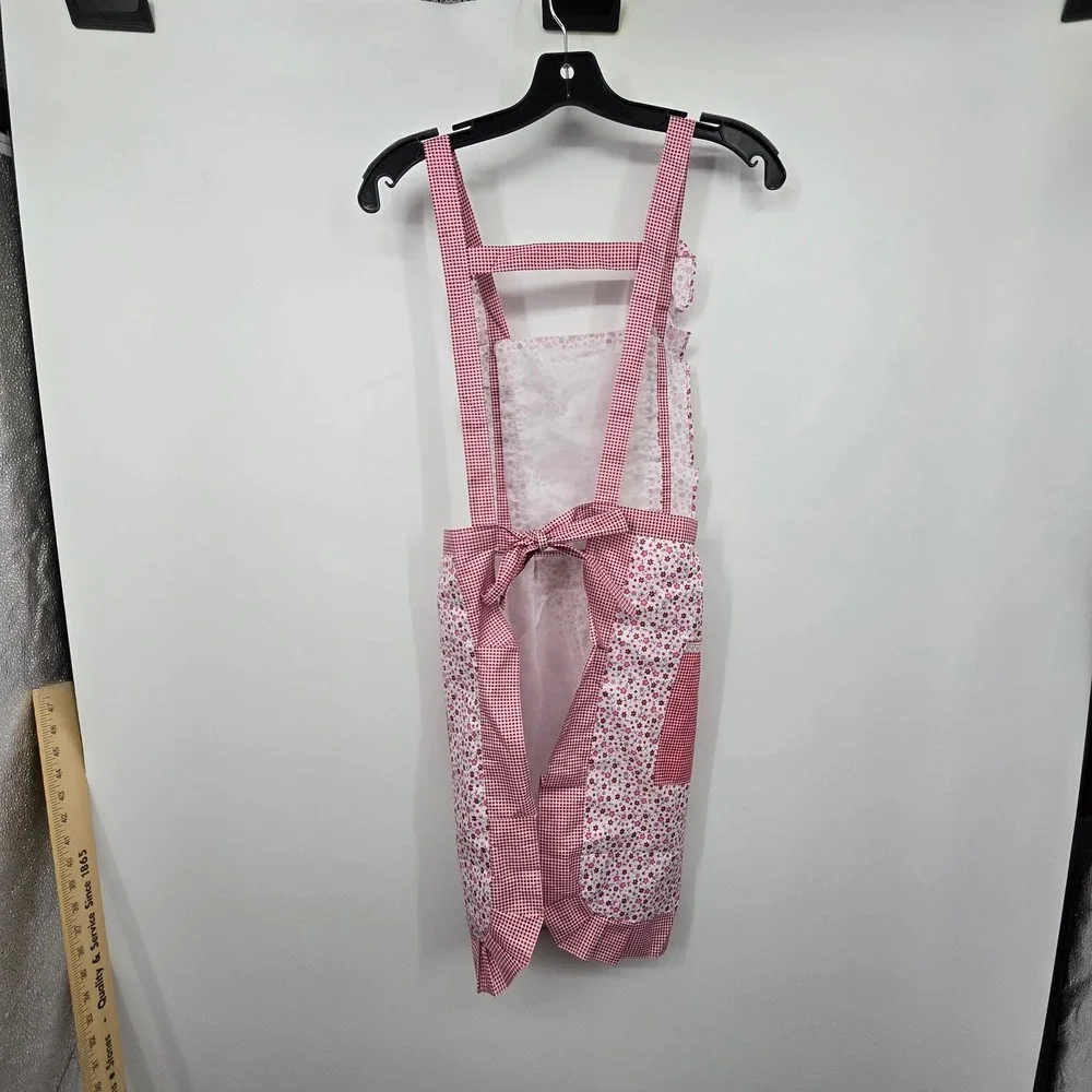 Vintage Apron Womens OS Pink Gingham Floral Cottagecore Retro Kitchen Grandma